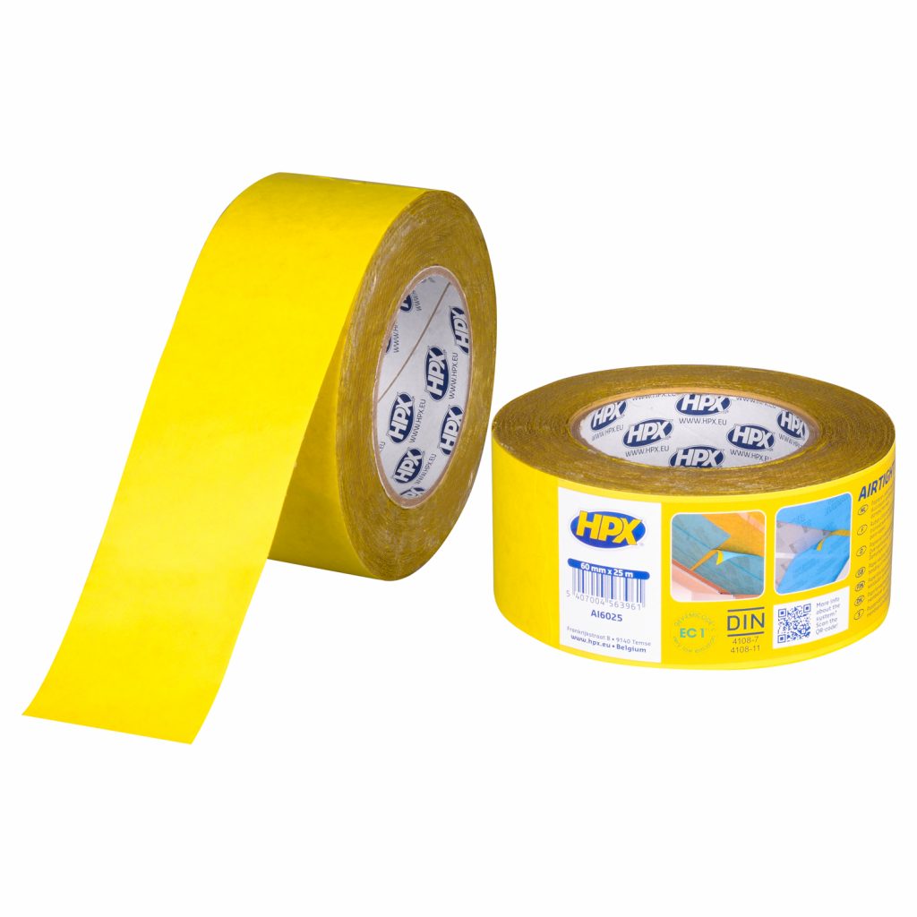 HPX Airtight Indoor venymätön höyrynsulkuteippi 60mm x 25m. Kuvassa kaksi rullaa.