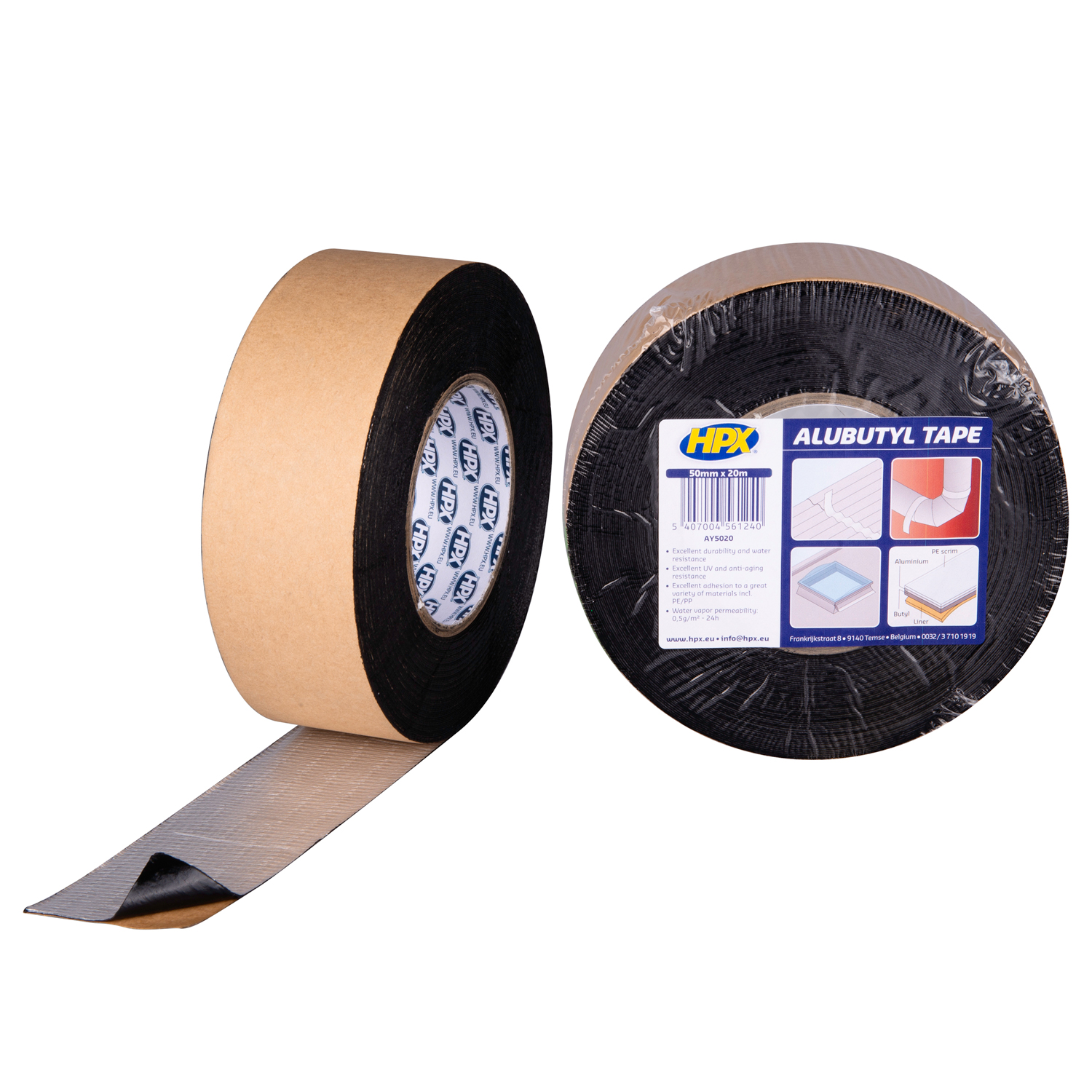 HPX Alubutyyliteippi 50mm x 20m. Kuvassa kaksi rullaa.