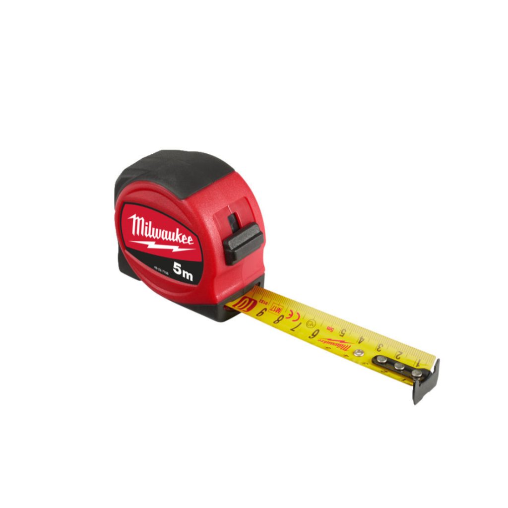 MILWAUKEE RULLAMITTA SLIMLINE S5/25. Kuva etuyläviistosta. Kuvassa mittanauhaa vedetty 10 senttimetriä ulospäin.