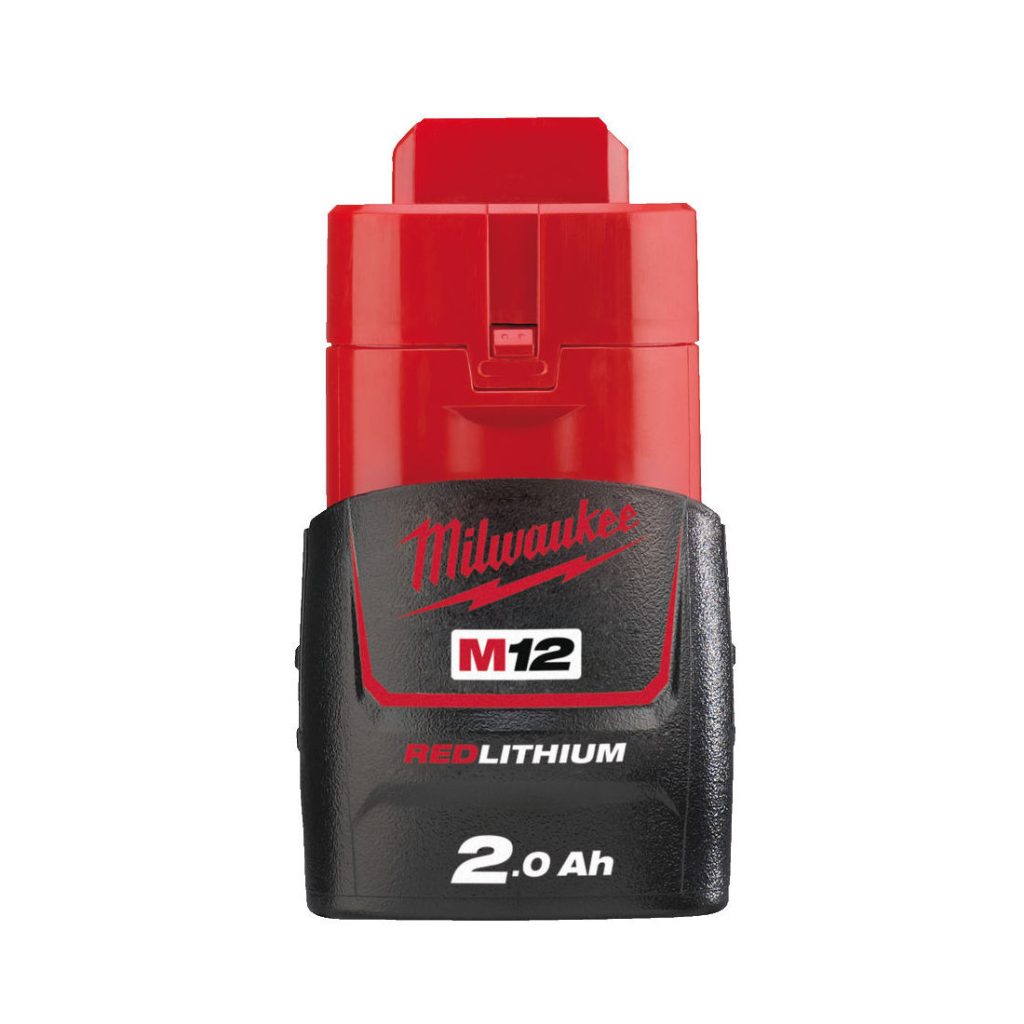 Milwaukee Akku M12 B2 2,0Ah. Kuva edestä.
