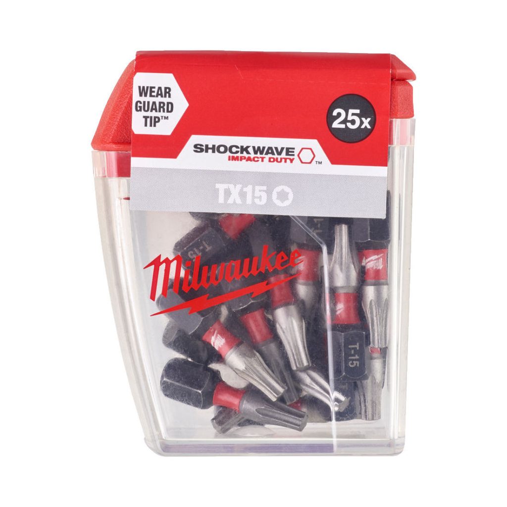 MILWAUKEE RUUVAUSKÄRKI SHOCKWAVE TX15 X 25. Kuvassa 25 kappaleen rasia.
