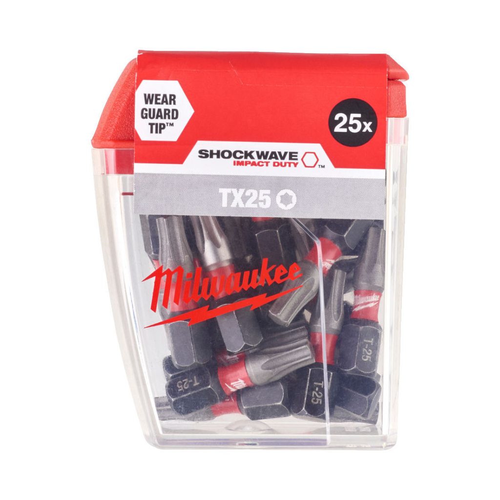 MILWAUKEE RUUVAUSKÄRKI SHOCKWAVE TX25 X 25. Kuvassa 25 kappaleen rasia.