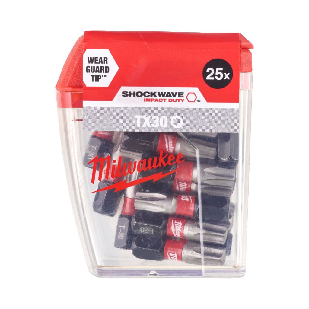MILWAUKEE RUUVAUSKÄRKI SHOCKWAVE TX30 X 25. Kuvassa 25 kappaleen rasia.