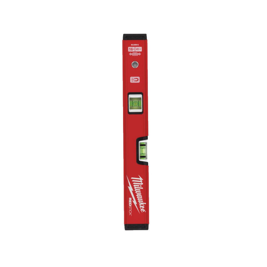 MILWAUKEE VESIVAAKA COMPACT 40CM MAGNEETILLA. Kuvassa vesivaaka pystyasennossa.