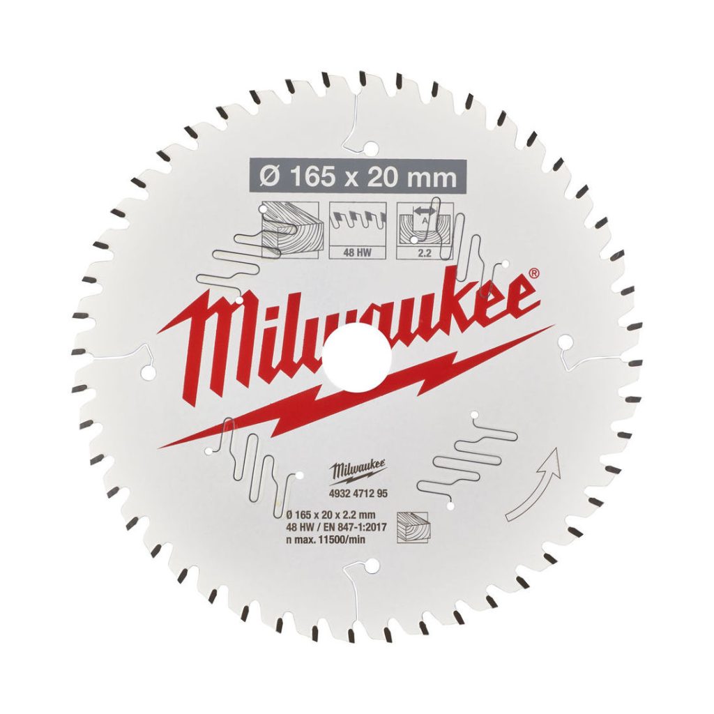 MILWAUKEE PYÖRÖSAHANTERÄ W165X20X2.2X48. Kuva pyörösahanterän päältä.