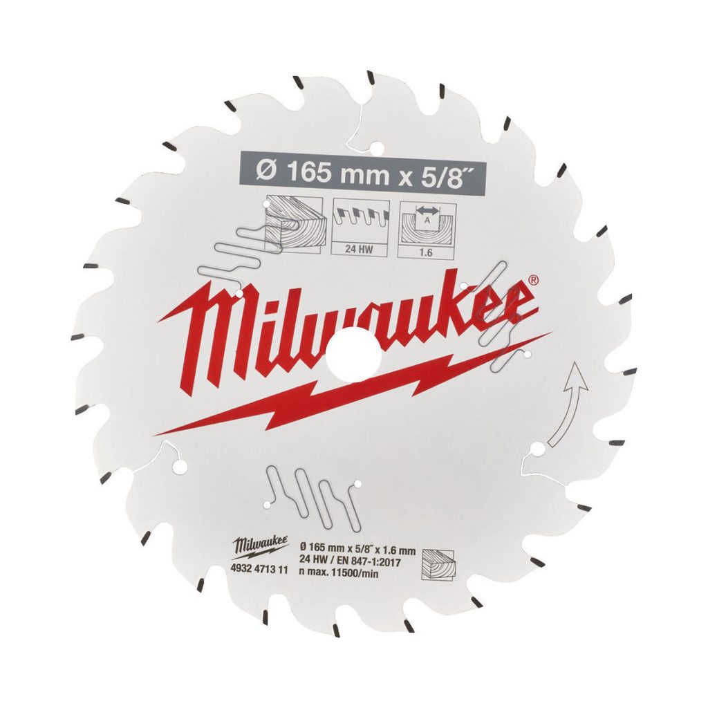 MILWAUKEE PYÖRÖSAHANTERÄ W165X15.87X1.6X24. Kuva pyörösahanterän päältä.