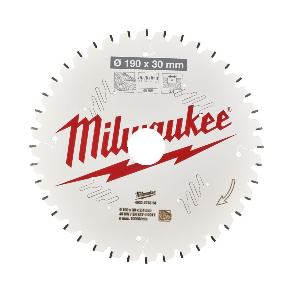 Milwaukee Pyörösahanterä 190X30X2,4X40. Kuva pyörösahanterän päältä.