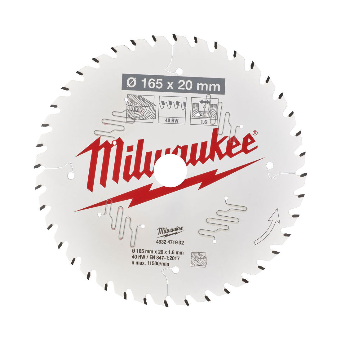 Milwaukee Pyörösahanterä 165x20 Z40. Kuva edestä.