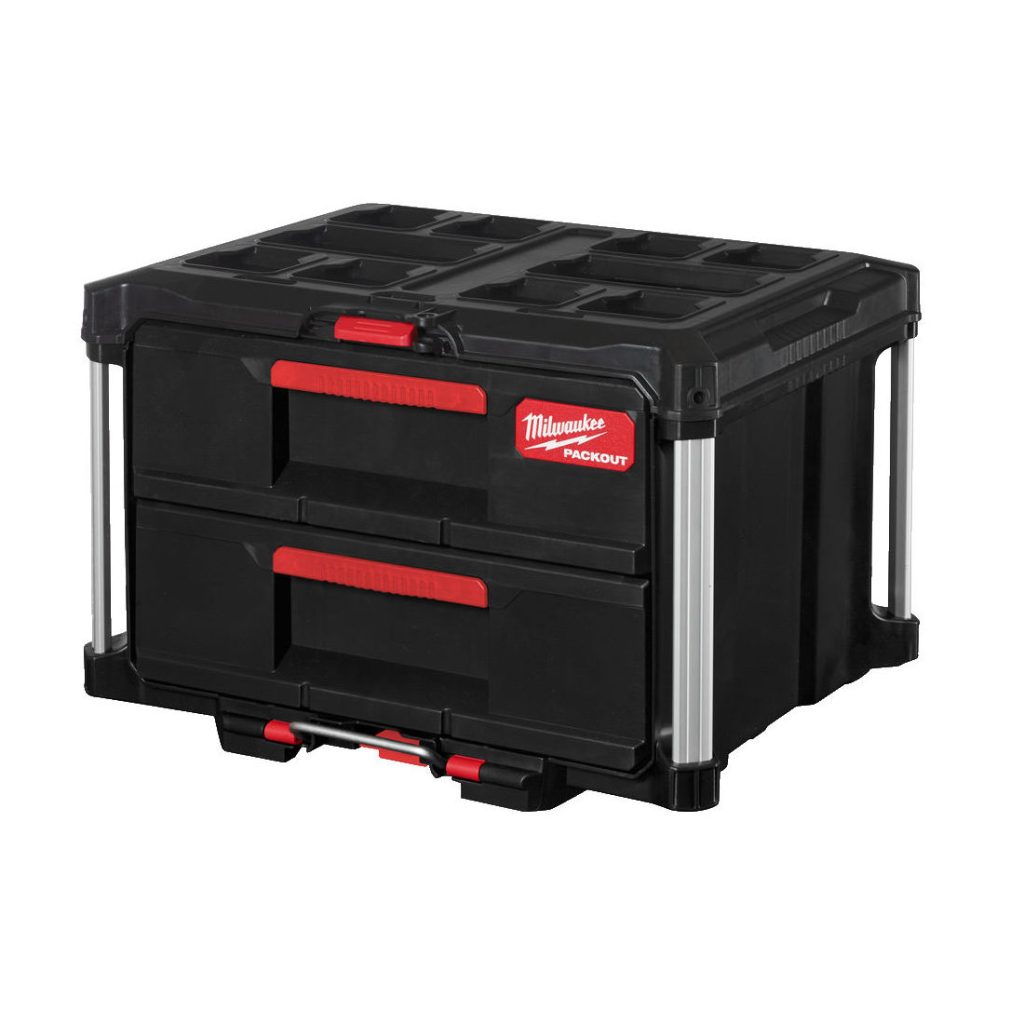 MILWAUKEE PACKOUT TYÖKALUPAKKI 2 LAATIKKOA. Kuva etuviistosta.