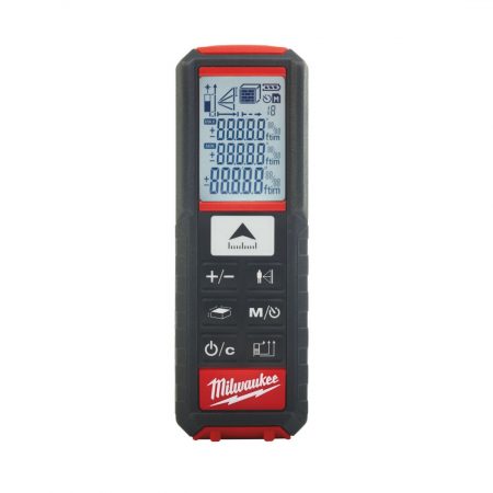 Milwaukee Laser etäisyysmittari LDM 50. Kuva edestä. LCD-näytössä yksikkönä jalat ja tuumat.