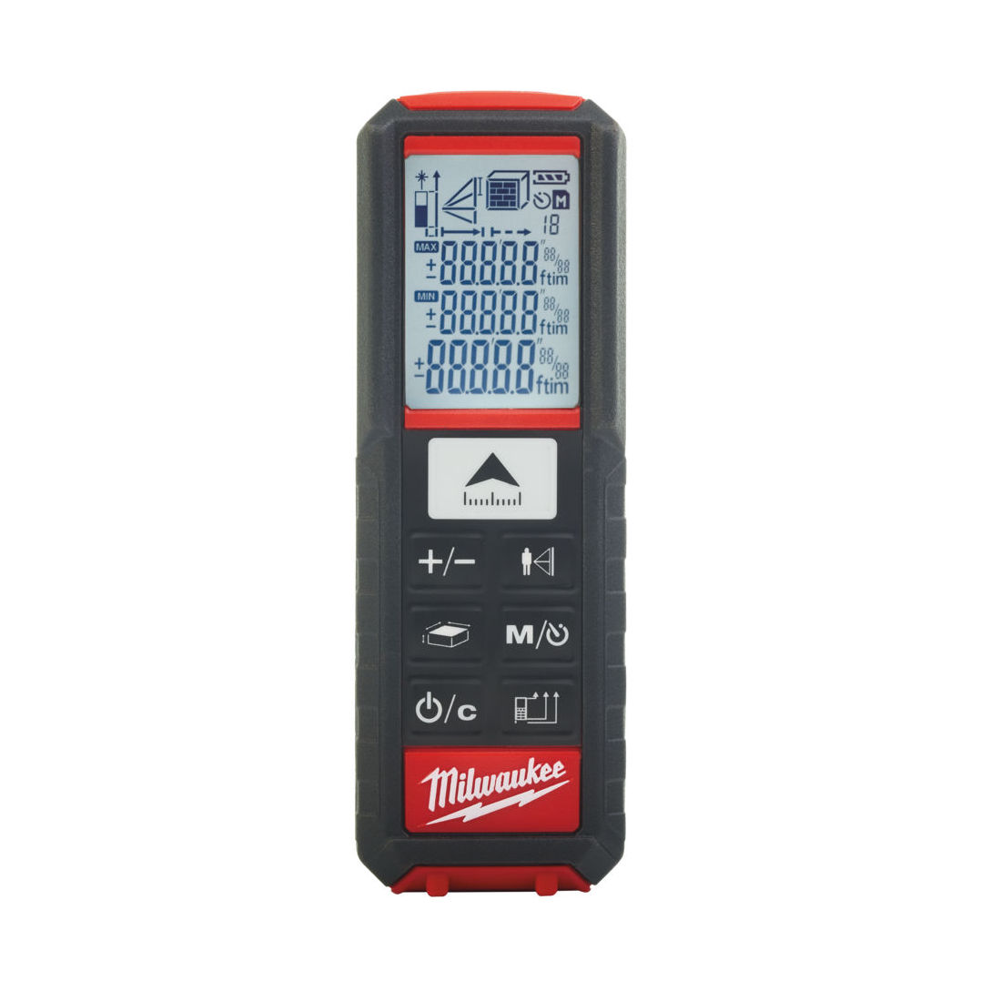 Milwaukee Laser etäisyysmittari LDM 50. Kuva edestä. LCD-näytössä yksikkönä jalat ja tuumat.