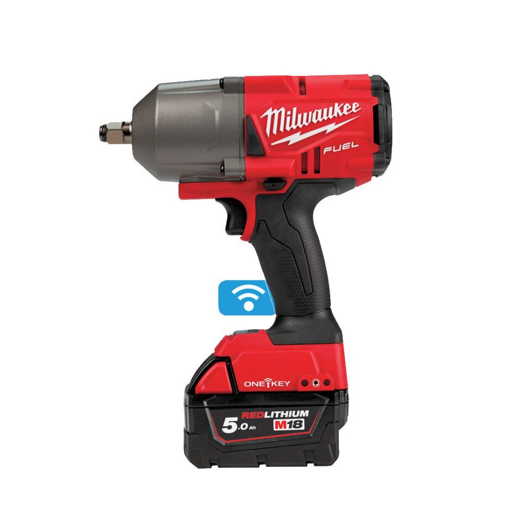 Milwaukee Iskevä mutterinväännin M18 FHIWF12-502. Kuva sivusta. Kuvassa myös ONE-KEY -logo.