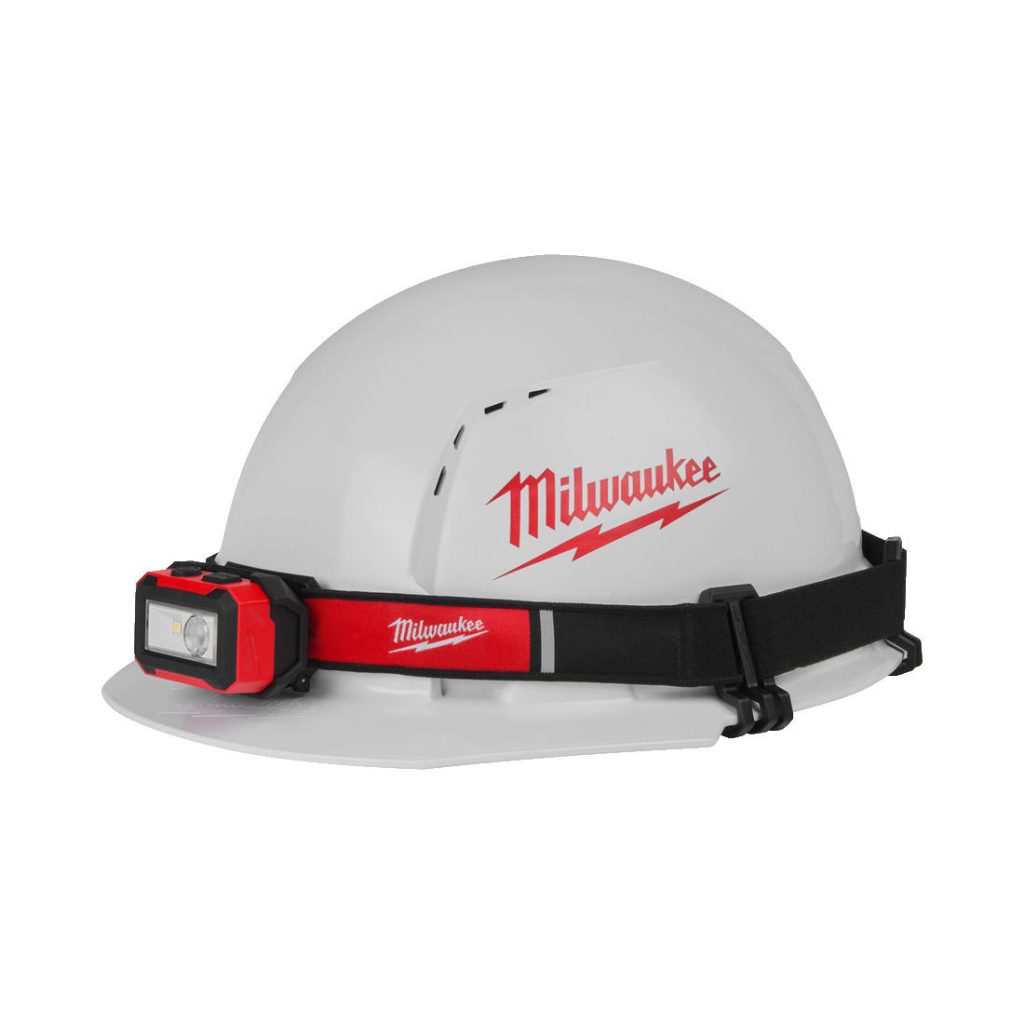Milwaukee Otsavalaisin IR HL450. Kuvassa valaisin kiinnitettynä suojakypärään.