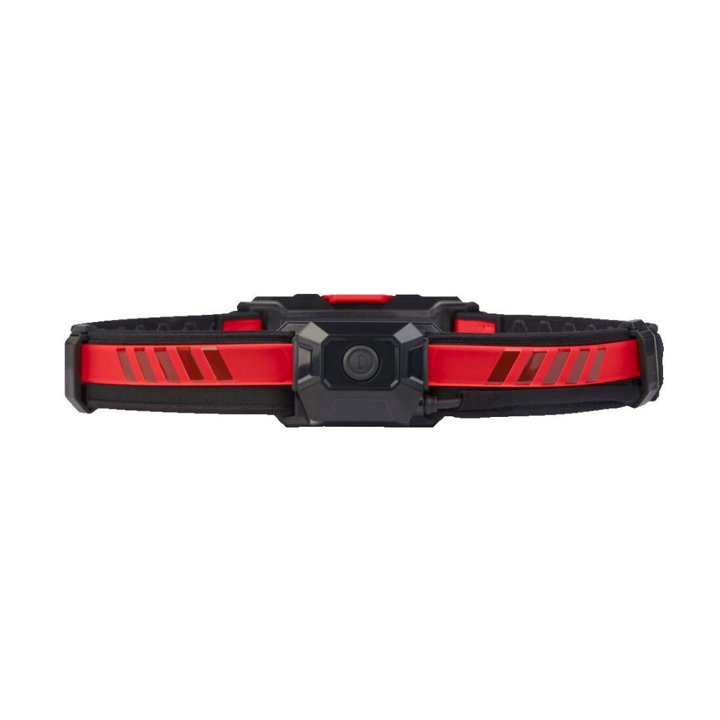 Milwaukee Otsavalaisin L4 HL-VIS-301 600 lm, 3 Ah. Kuvassa virtanappi hihnassa.