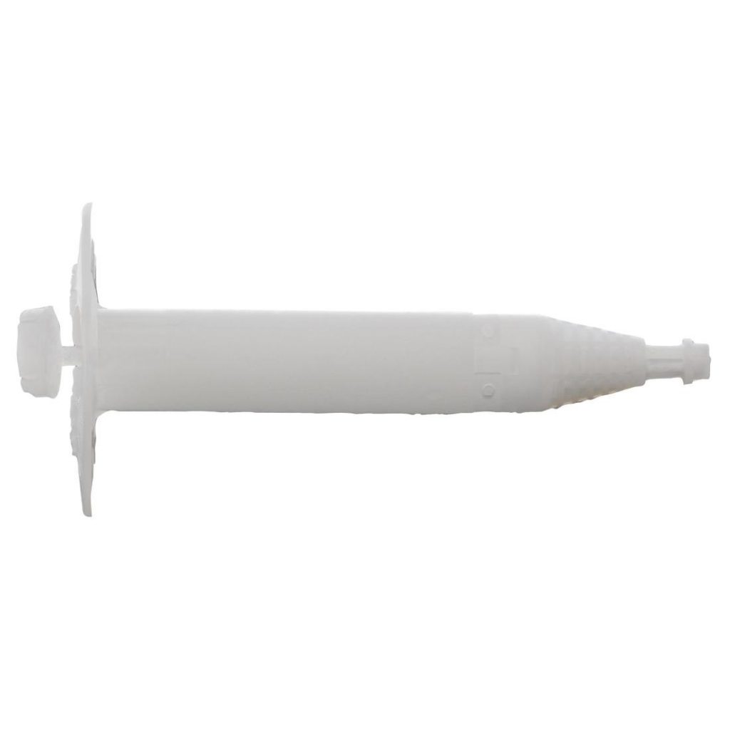 Spit eristekiinnike 120mm ammuttava. Kuva eristekiinnikkeestä sivulta tulppa auki ilman naulaa.