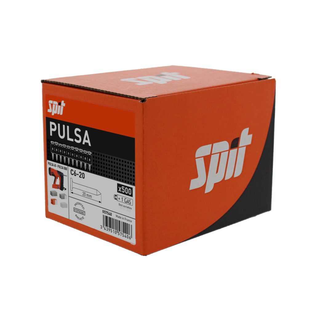 Spit Pulsa 800P/40P+ Naula C6-20. Rasiassa 500 naulaa ja yksi kaasupatruuna. Kuva rasiasta etuviistosta.