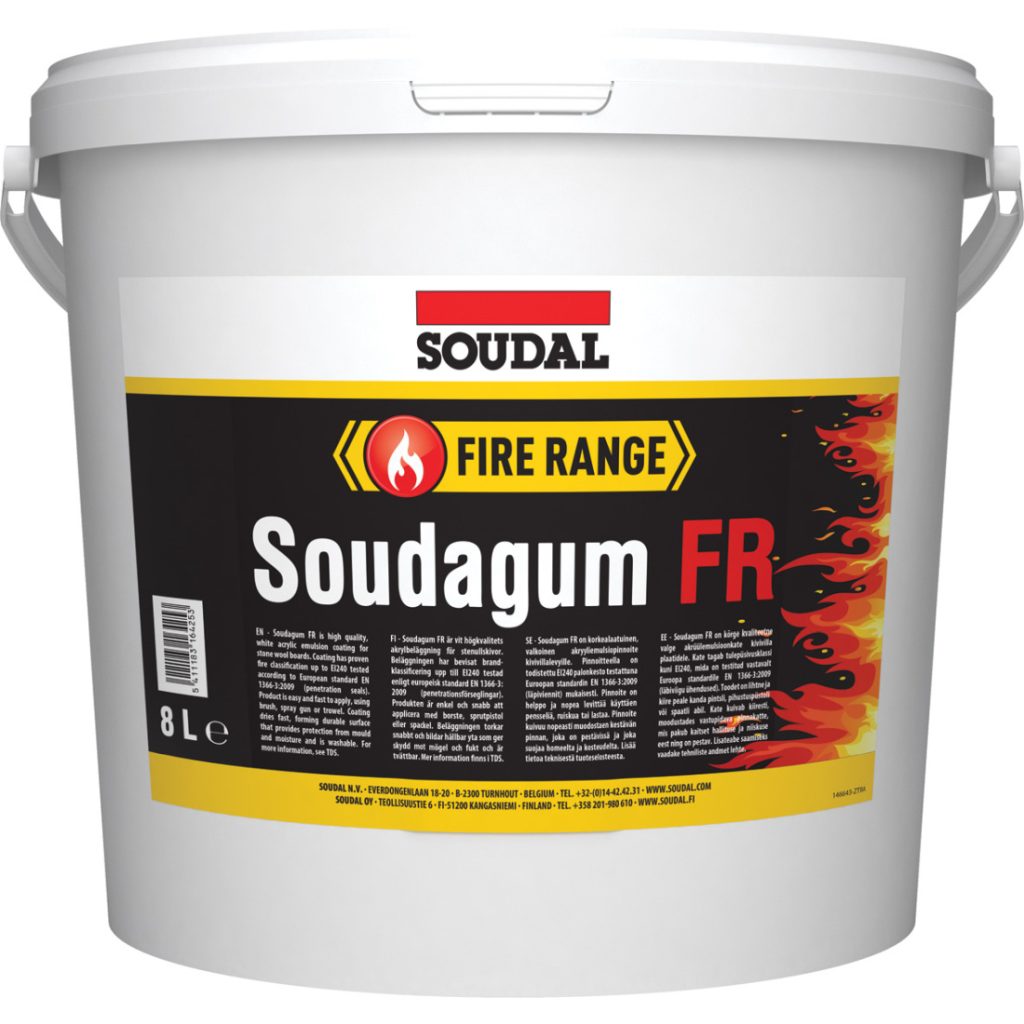 SOUDAL Soudagum FR valkoinen 8 L muoviastia. Palopinnoite palokatkolevyille läpivienteihin.