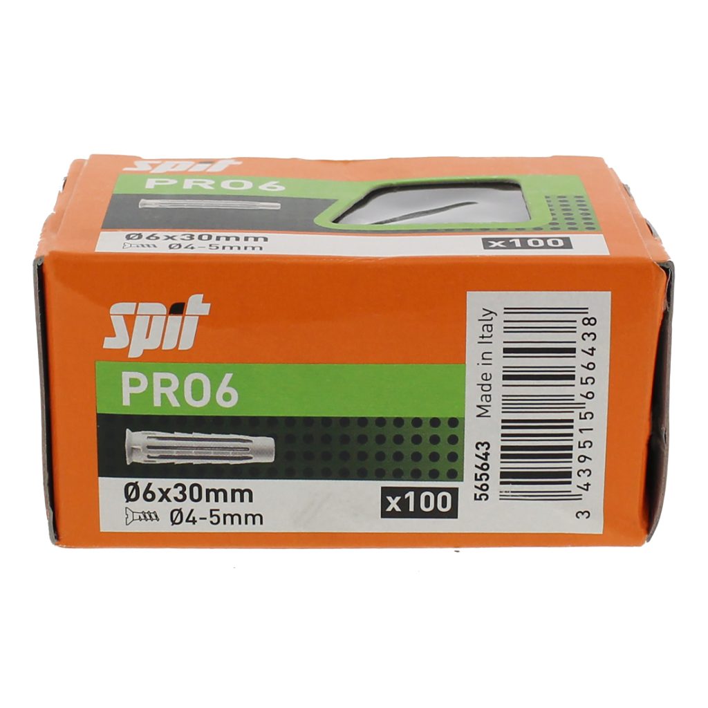 Spit PRO6 yleistulppa 6 x 30. Kuvassa 100 kappaleen rasia.