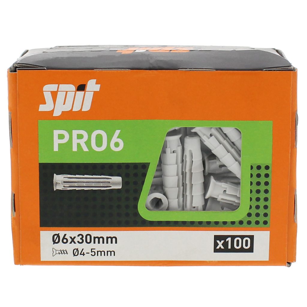 Spit PRO6 yleistulppa 6 x 30. Kuvassa 100 kappaleen rasia edestä.