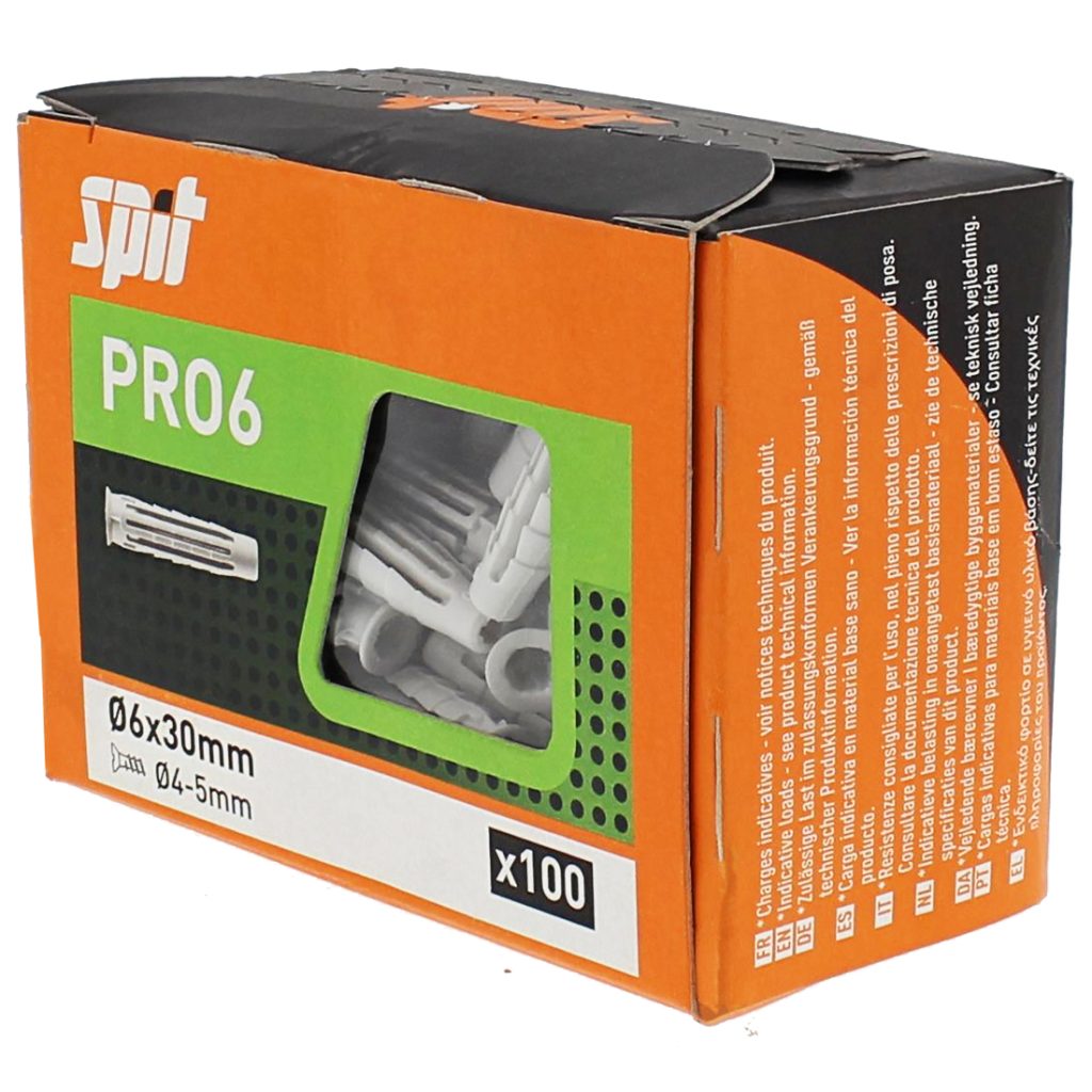 Spit PRO6 yleistulppa 6 x 30. Kuvassa 100 kappaleen rasia etuviistosta.