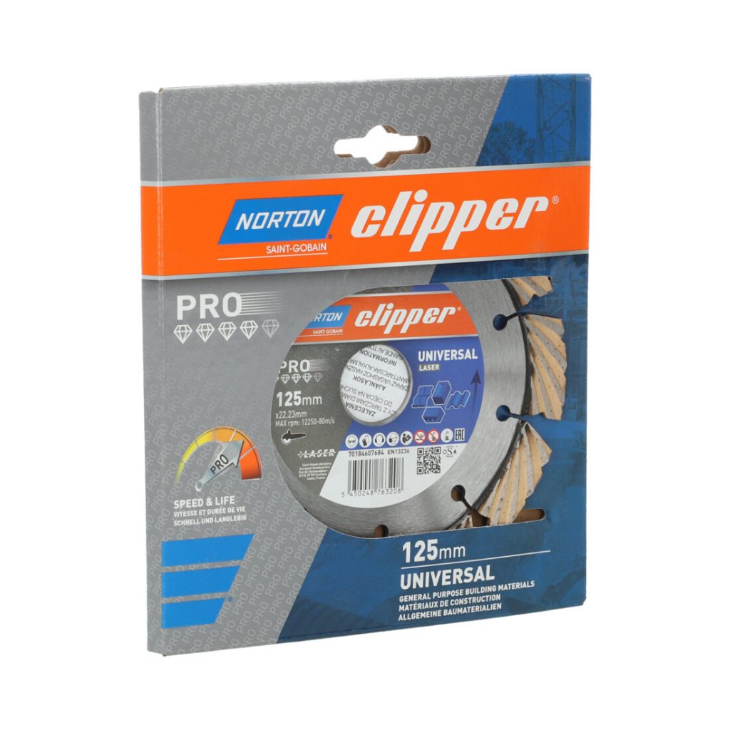 CLIPPER PRO UNI LASER 125MM TIMANTTIKATKAISULAIKKA. KUVA PAKETISTA ETUVIISTOSTA.