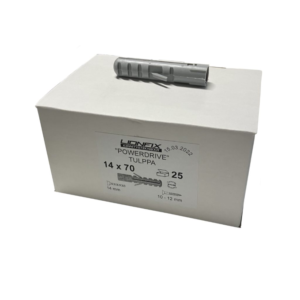Lionfix Powerdrive tulppa 14x70. Rasiassa 25 kappaletta. Kuvassa rasia ja rasian päällä yksi Powerdrive tulppa.