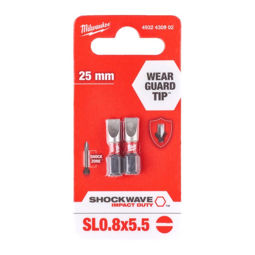 MILWAUKEE RUUVAUSKÄRKI SHOCKWAVE SL 0,8X5,5X25MM. Kahden kappaleen blisterpakkaus.
