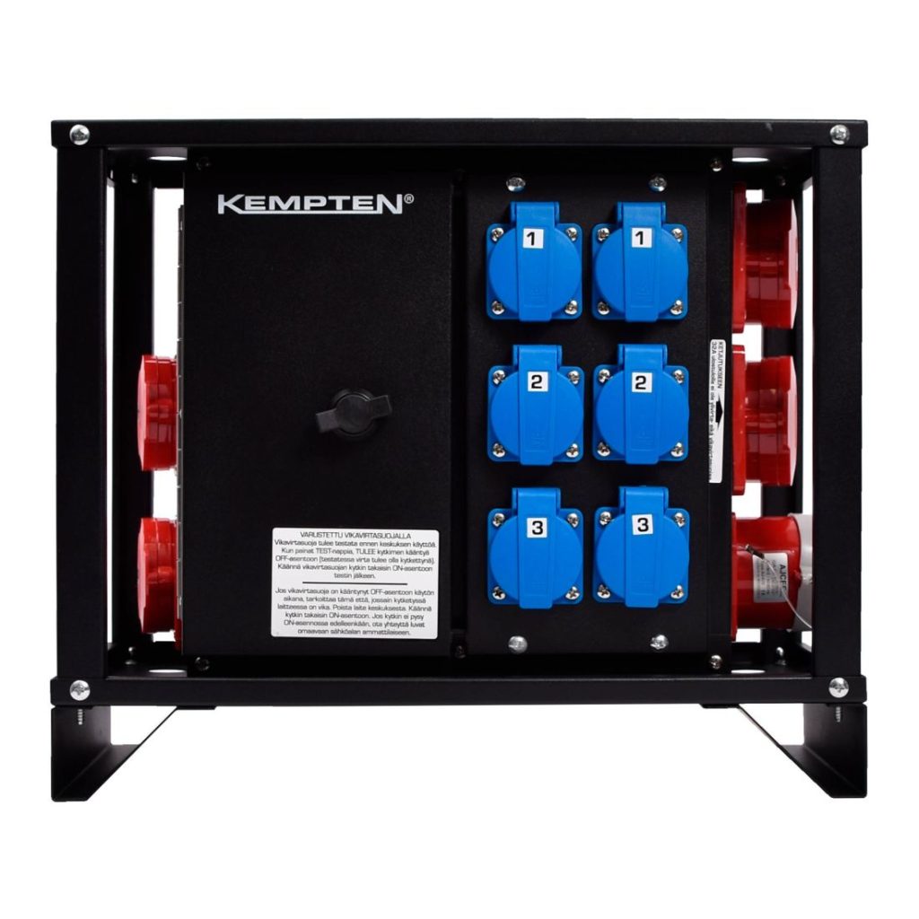 Työmaa-alakeskus 32 A. 6x10A/230V, 2x32A, 2x16A. Kuva edestä.