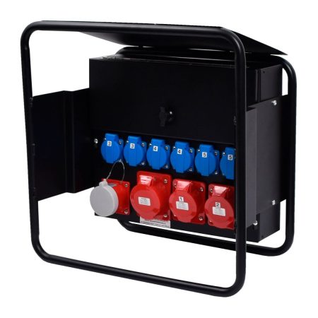 Blackline Työmaa-alakeskus 32A pääkytkimellä. 1x32A, 2x16A, 6x230V, sulakkeet, vikavirtasuoja. Kuva etuviistosta.