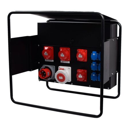 Blackline Työmaa-alakeskus 63A. 1x63A, 2x32A, 6x230V, sulakkeet, vikavirtasuoja. Kuva etuviistosta.