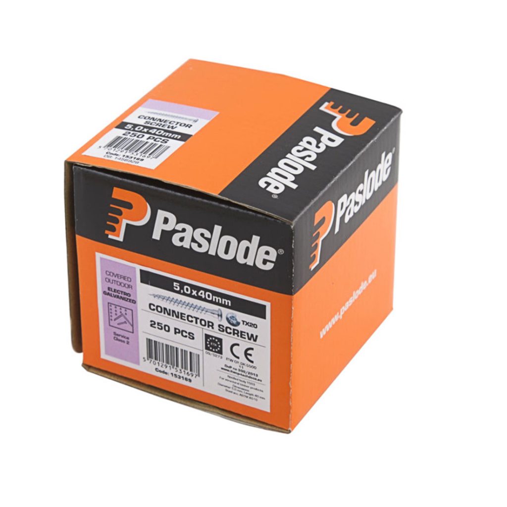 Paslode Ankkuriruuvi 5 x 40, TX20. Kuva rasiasta oikeasta yläviistosta.
