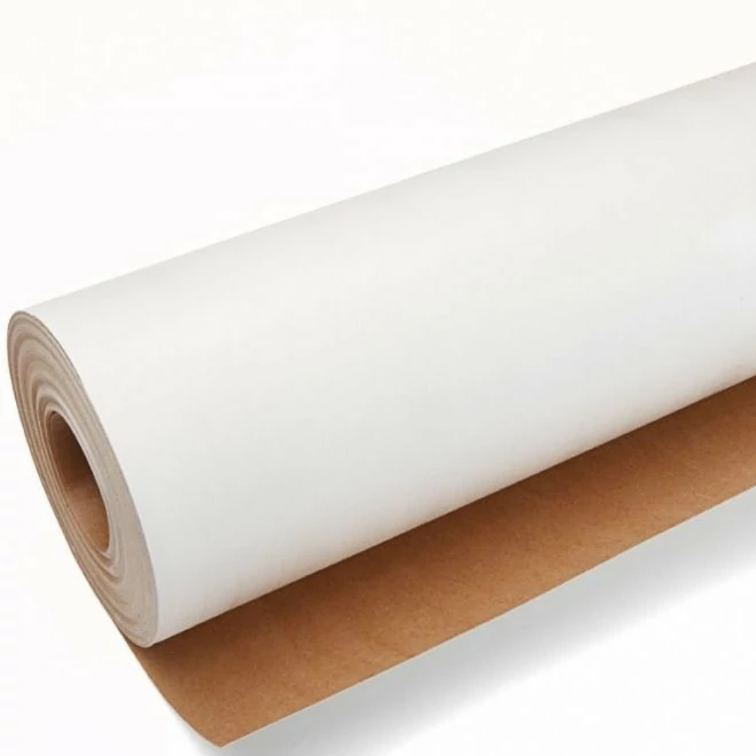 Muovipinnoitettu suojakartonki 1300mm 250g/m2 75m2. Lähikuva rullan päädystä.