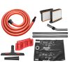 CLEN ISC H-1625 SAFE PLUS IMURI H14. Kuvassa imurin varustepakkaus, johon sisältyy Oranssi antistaattinen imuletku 5 m, 2 kpl imuputki rst 50 cm, imukahva rst, lattilasuulake, työkalusuulake, 1x PE-tyhjennyspussi.