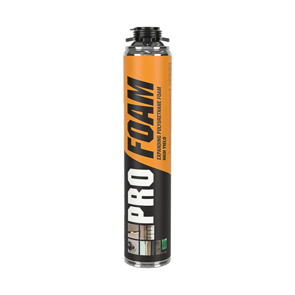 SOUDAL Profoam Gun -10°C - +35°C, M1 beige 750ml Pistoolivaahto. Kuvassa 750 ml pistoolivaahtopullo edestäpäin.