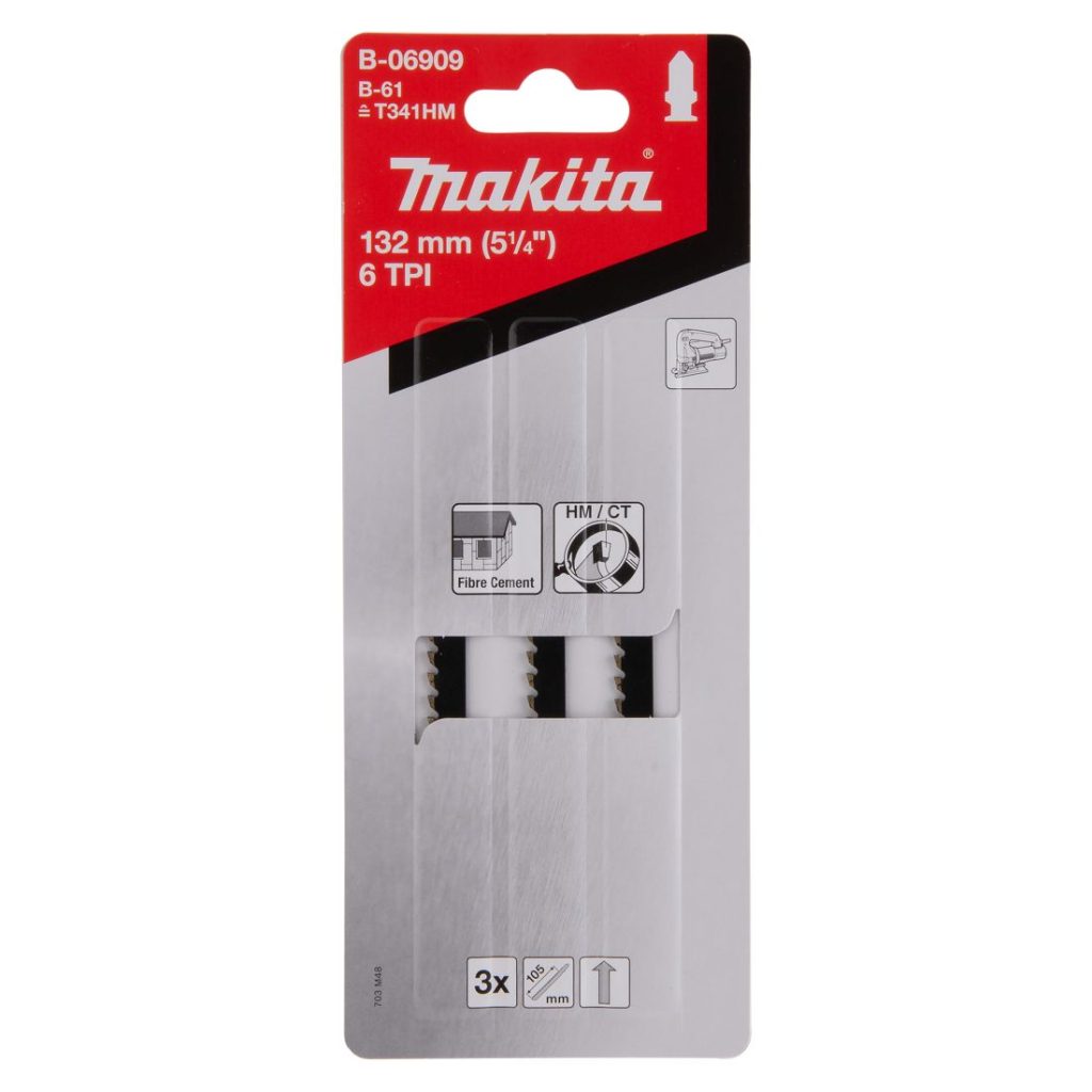 Pistosahanterä 132mm HM, puu, muovi, metalli, lasikuitu, kivikuitulevy. Kolmen kappaleen pakkaus. Kuvassa teräpakkaus edestäpäin.