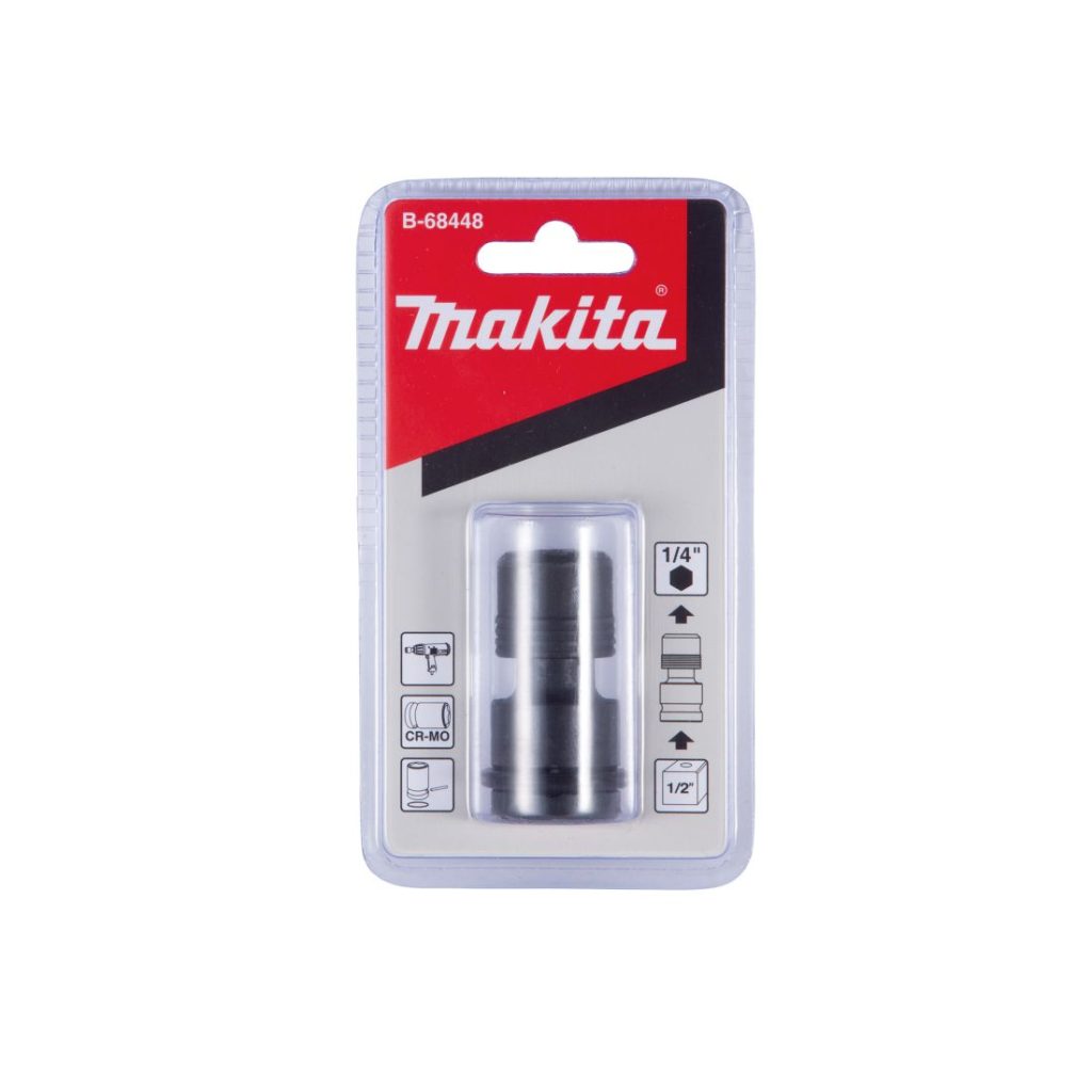 MAKITA Bitsiadapteri 1/2" vääntimiin 1/4" bitseille. Kuvassa bitsiadapterin myyntipakkaus edestäpäin.