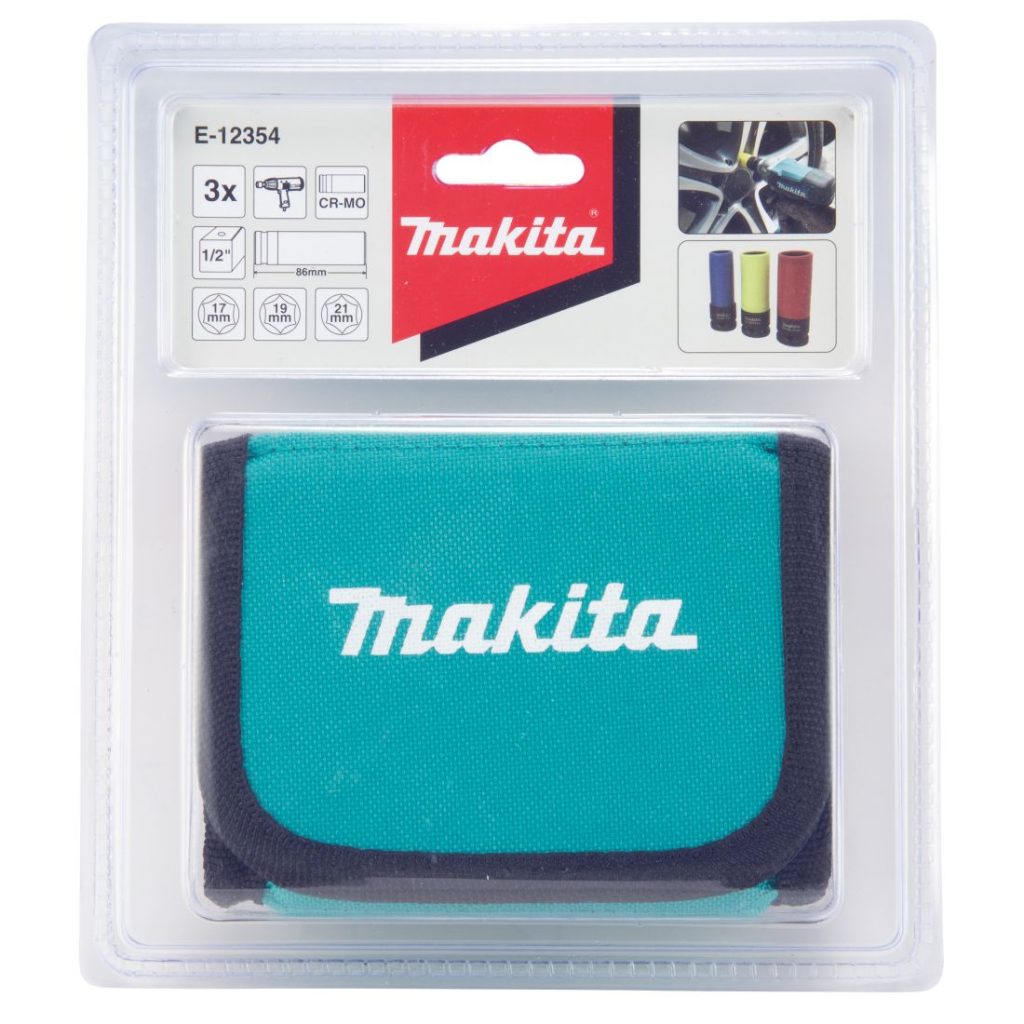 MAKITA Voimahylsylajitelma 1/2" 3-osaa. Kuvassa voimahylsylajitelman myymäläpakkaus edestäpäin.