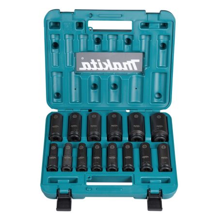 MAKITA Voimahylsylajitelma Impact Black 1/2" 14-osaa. Kuvassa avonaisessa salkussa voimahylsylajitelma edestäpäin.