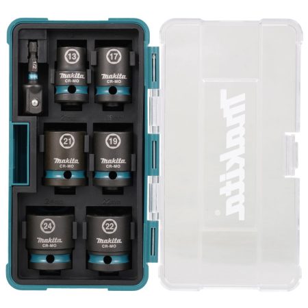 MAKITA Voimahylsylajitelma Impact Black 1/2" 7-osaa. Kuvassa avonaisessa salkussa voimahylsylajitelma edestäpäin.