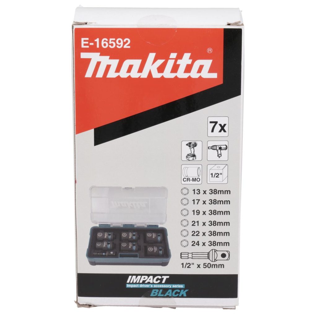 MAKITA Voimahylsylajitelma Impact Black 1/2" 7-osaa. Kuvassa suljettu voimahylsylajitelman myymäläpakkaus edestäpäin.