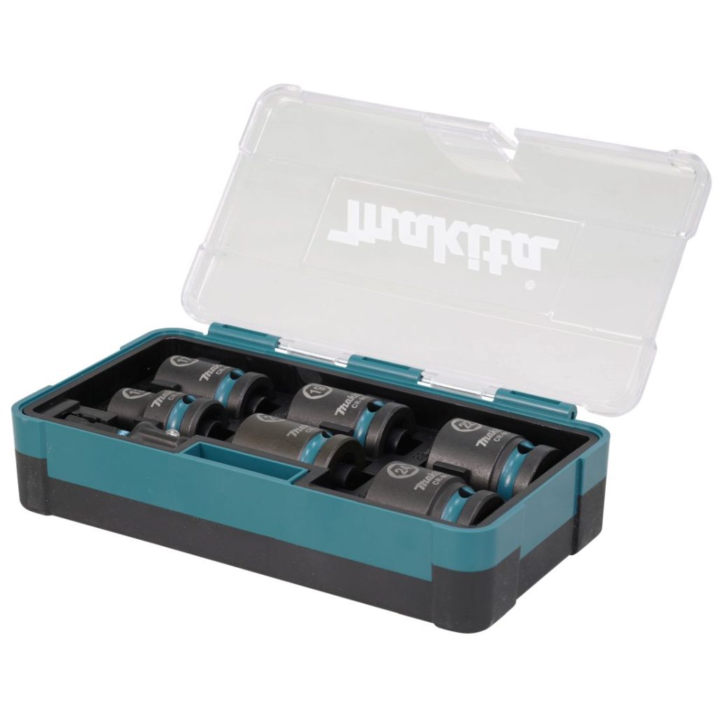MAKITA Voimahylsylajitelma Impact Black 1/2" 7-osaa. Kuvassa avonaisessa salkussa voimahylsylajitelma etuviistosta.