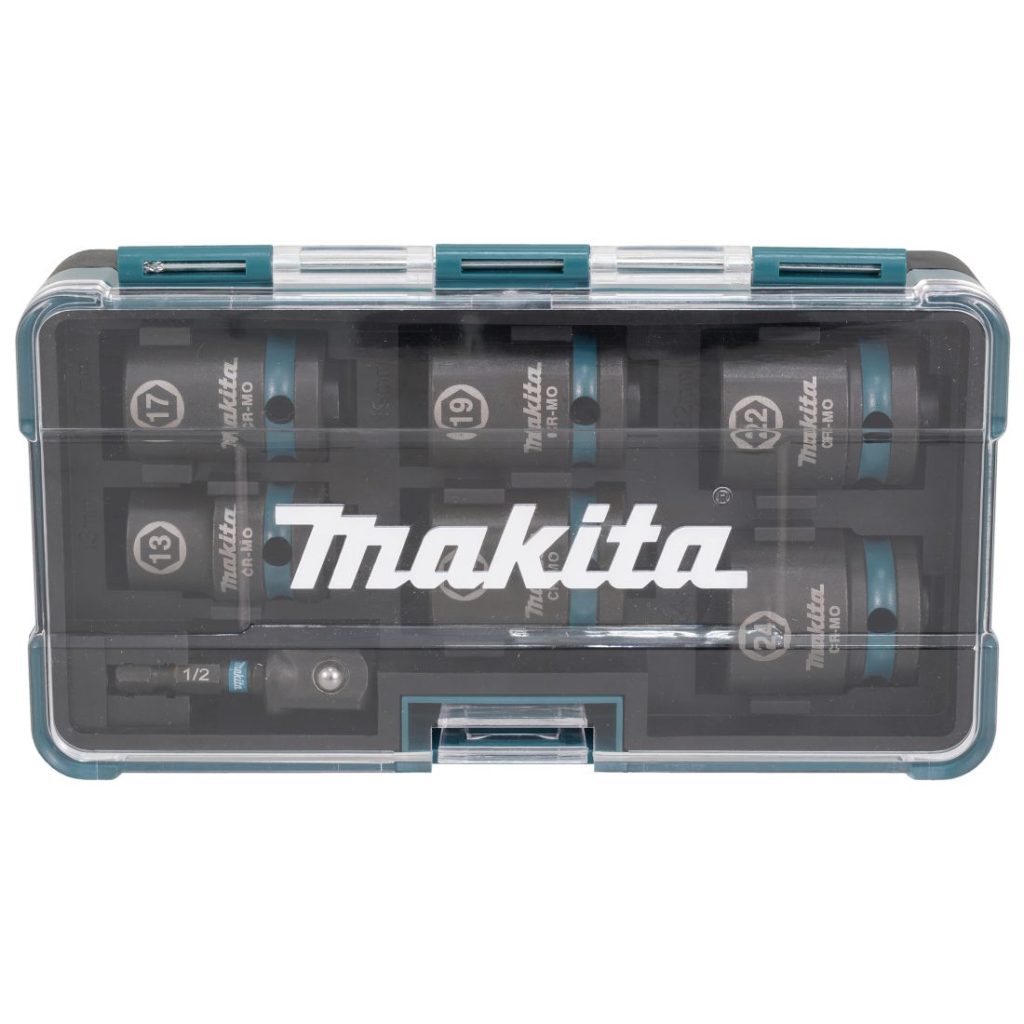 MAKITA Voimahylsylajitelma Impact Black 1/2" 7-osaa. Kuvassa suljettu voimahylsylajitelman myymäläpakkaus edestäpäin.