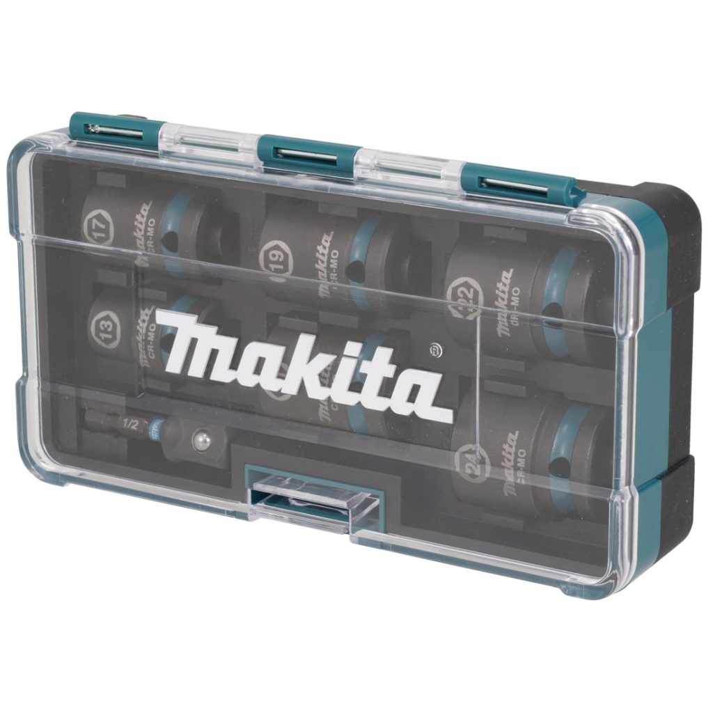 MAKITA Voimahylsylajitelma Impact Black 1/2" 7-osaa. Kuvassa suljettu voimahylsylajitelman myymäläpakkaus etuviistosta.