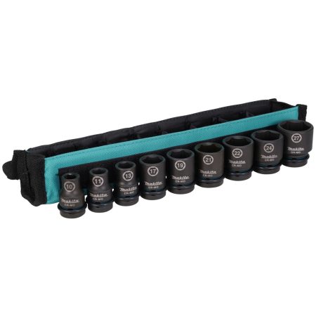 MAKITA Voimahylsylajitelma Impact Black 1/2" 9-osaa. Kuvassa kangaspussi ja voimahylsylajitelma etuviistosta.