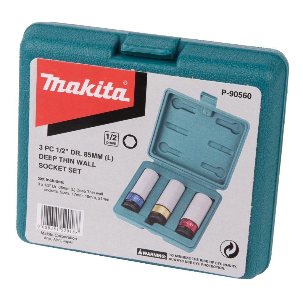 MAKITA Voimahylsylajitelma 1/2" 3-osaa. Kuvassa suljettu voimahylsylajitelman myymäläpakkaus etuviistosta.
