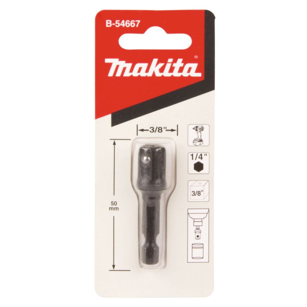 MAKITA Hylsyadapteri 1/4" bitsikiinnityksestä 3/8" neliöpää hylsykiinnitykselle. Kuvassa hylsyadapteripakkaus edestäpäin.