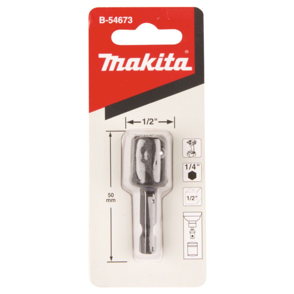MAKITA Hylsyadapteri 1/4" bitsikiinnityksestä 1/2" neliöpää hylsykiinnitykselle. Kuvassa hylsyadapteripakkaus edestäpäin.