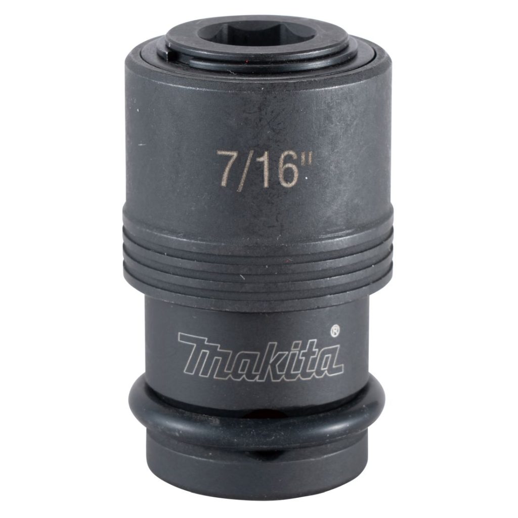 MAKITA Poranterä-adapteri1/2" vääntimiin 7/16" Hex poranterille. Kuvassa hylsyadapteri pystyasennossa.