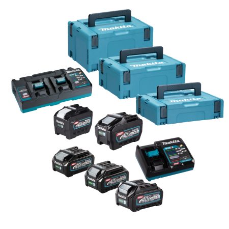 MAKITA 40V AKUT JA AKKUSARJAT XGT BL40. Kuvassa kolme erikokoista salkkua, kaksi eri latauslaitetta ja viisi erilaista akkua.