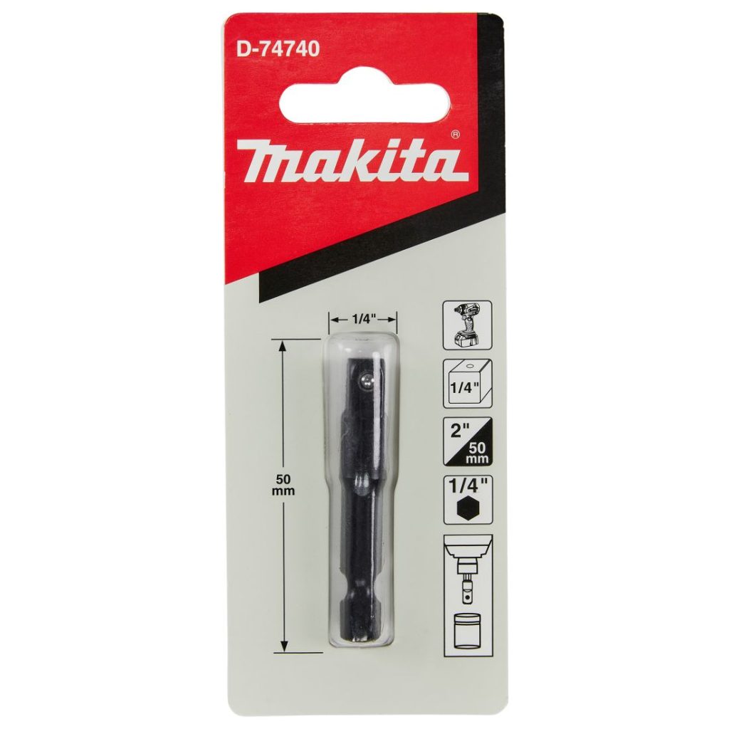 MAKITA Hylsyadapteri 1/4" bitsikiinnityksestä 1/4" neliöpää hylsykiinnitykselle. Kuvassa hylsyadapteripakkaus edestäpäin.
